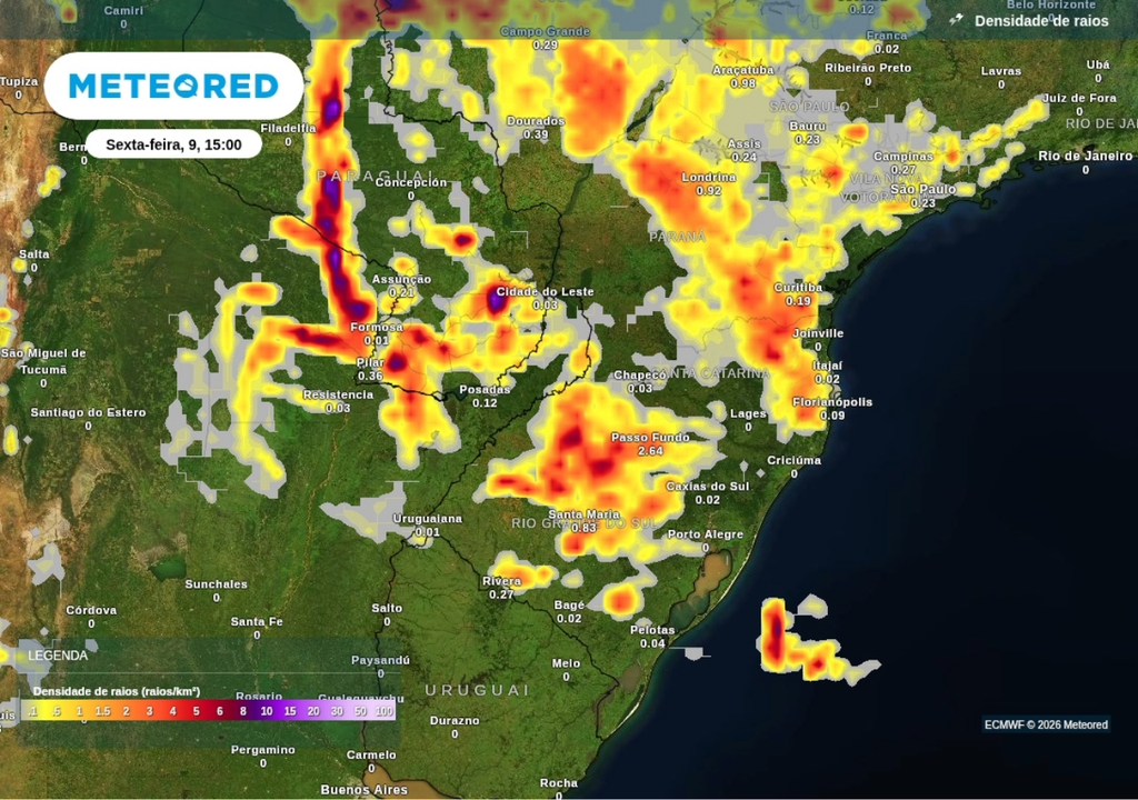 Previsão de tempestades para sexta-feira (9), segundo o ECMWF. Previsão de tempestades para sexta-feira (9), segundo o ECMWF.