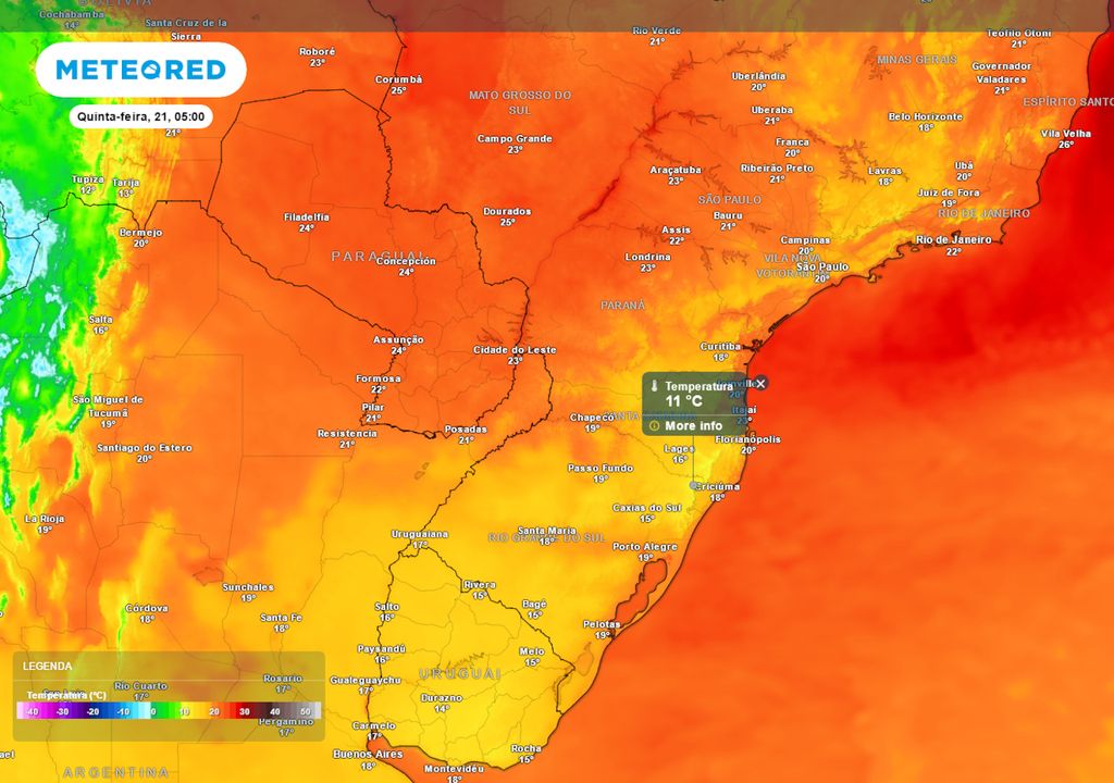 Previsão de temperaturas mínimas na quinta-feira.