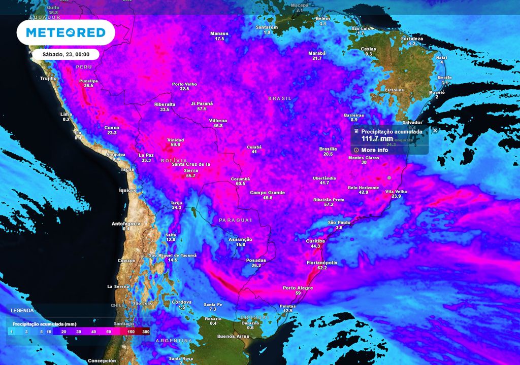 Previsão de acumulados totais de chuva até sexta-feira.