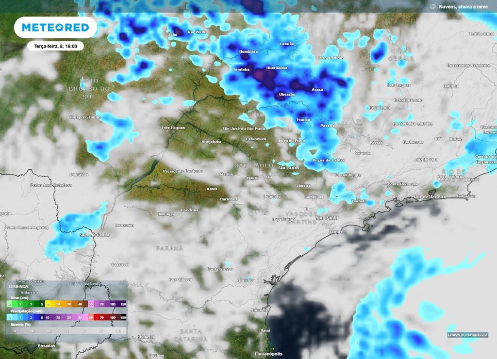 chuvas em SP Previsão de chuva e nebulosidade para a tarde da terça-feira, 8 de setembro.