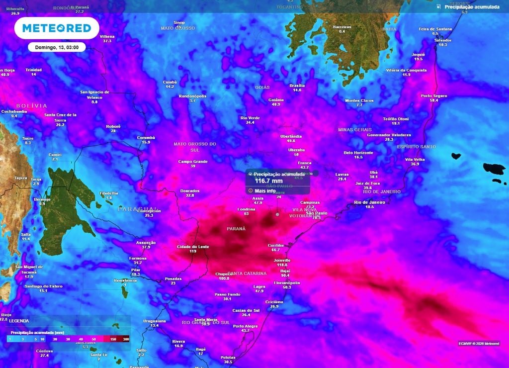 chuva acumulado Acumulado de precipitação até o domingo, 13 de setembro.