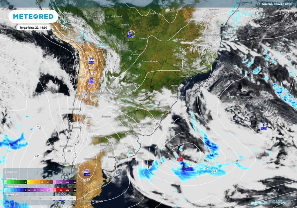 Previsão de formação de ciclone, com aumento da nebulosidade e chuva fraca nesta terça-feira (22), de acordo com o ECMWF. Previsão de formação de ciclone, com aumento da nebulosidade e chuva fraca nesta terça-feira (22), de acordo com o ECMWF.