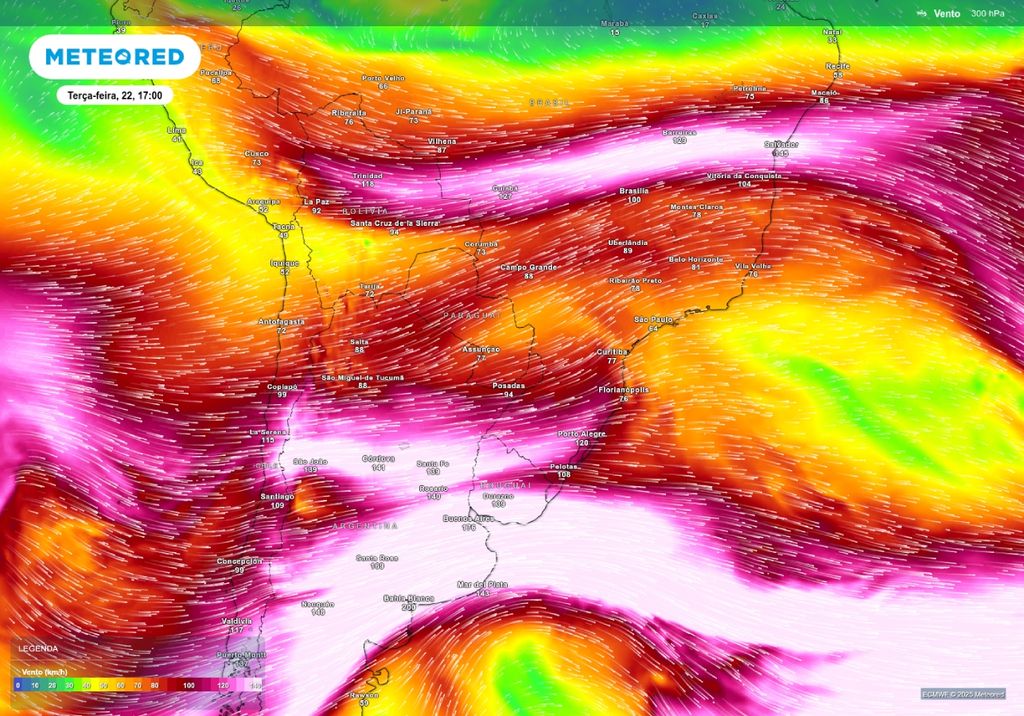 Jato de altos níveis com previsão de escoamento zonal, de acordo com o ECMWF. Jato de altos níveis com previsão de escoamento zonal, de acordo com o ECMWF.
