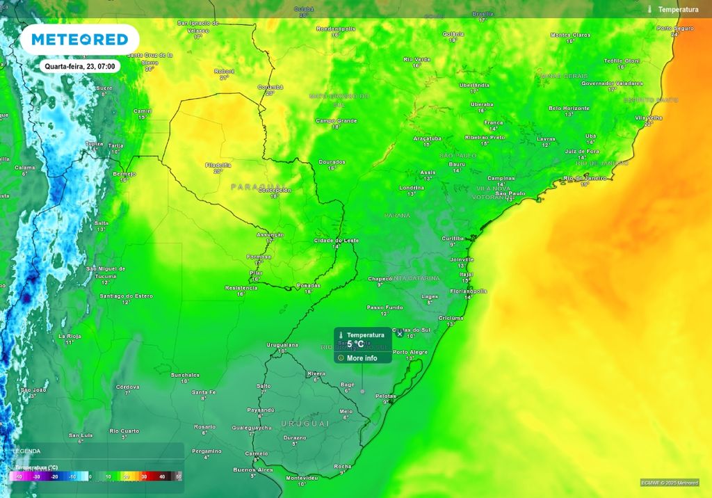 Previsão de temperatura mínima nesta quarta-feira (23), de acordo com o ECMWF. Previsão de temperatura mínima nesta quarta-feira (23), de acordo com o ECMWF.