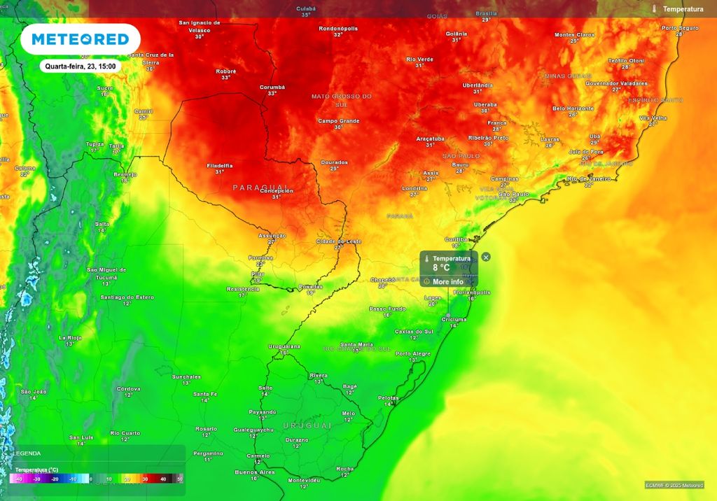 Previsão de temperatura máxima nesta quarta-feira (23), de acordo com o ECMWF. Previsão de temperatura máxima nesta quarta-feira (23), de acordo com o ECMWF.