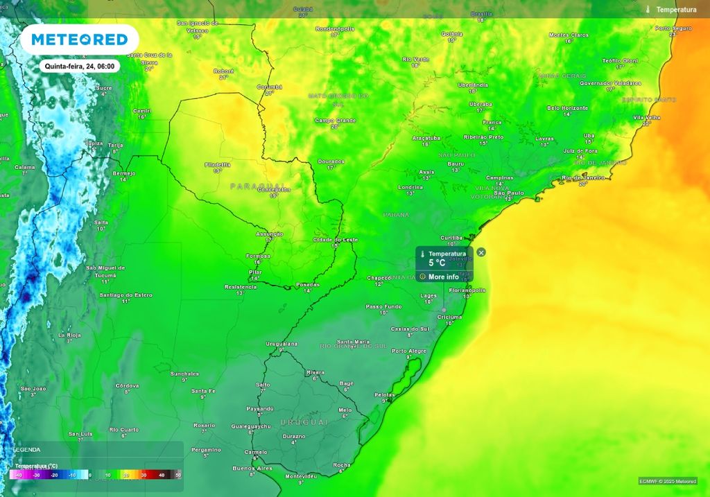 Previsão de temperatura mínima nesta quarta-feira (24), de acordo com o ECMWF. Previsão de temperatura mínima nesta quarta-feira (24), de acordo com o ECMWF.