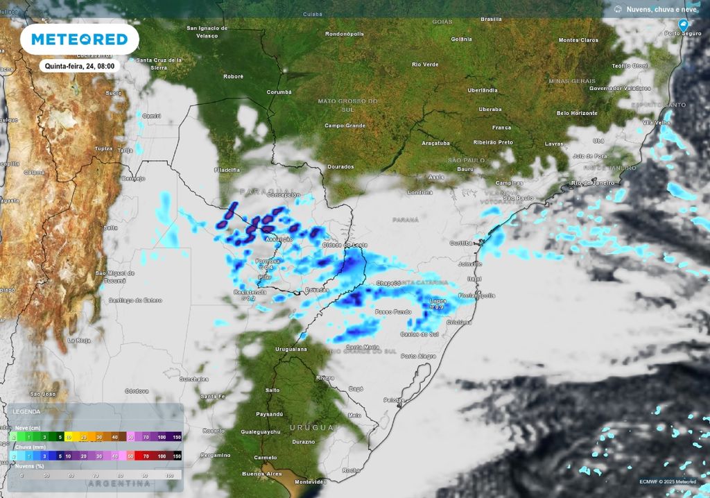 Previsão de chuva nesta quinta-feira (24), de acordo com o ECMWF. Previsão de chuva nesta quinta-feira (24), de acordo com o ECMWF.
