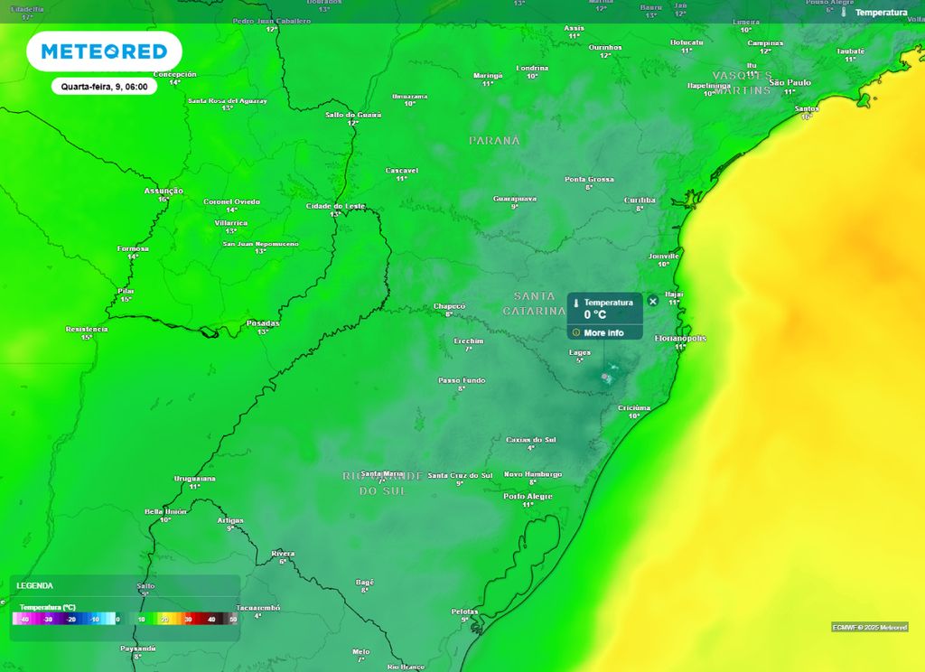 Temperatura mínima prevista para a região Sul na manhã de quarta-feira (9). Temperatura mínima prevista para a região Sul na manhã de quarta-feira (9).