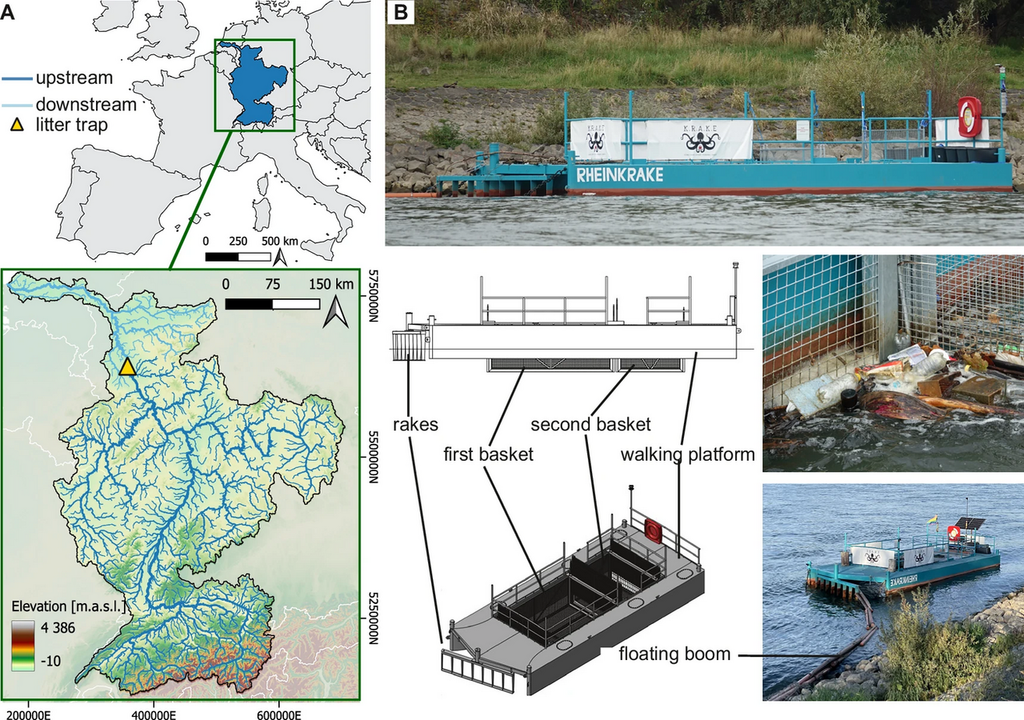 (A) Lage des Litter Traps (LT) (gelbes Dreieck) in Köln innerhalb des Rheineinzugsgebiets (blau). (B) Konstruktionszeichnung und Fotos des speziell angefertigten LT mit Eingang auf der linken Seite. Makromüll wird in den beiden Körben zurückgehalten. Der schwimmende Ausleger verbindet sich mit dem Ufer und leitet Makromüll zum LT. Bild: Gnann et al., 2026