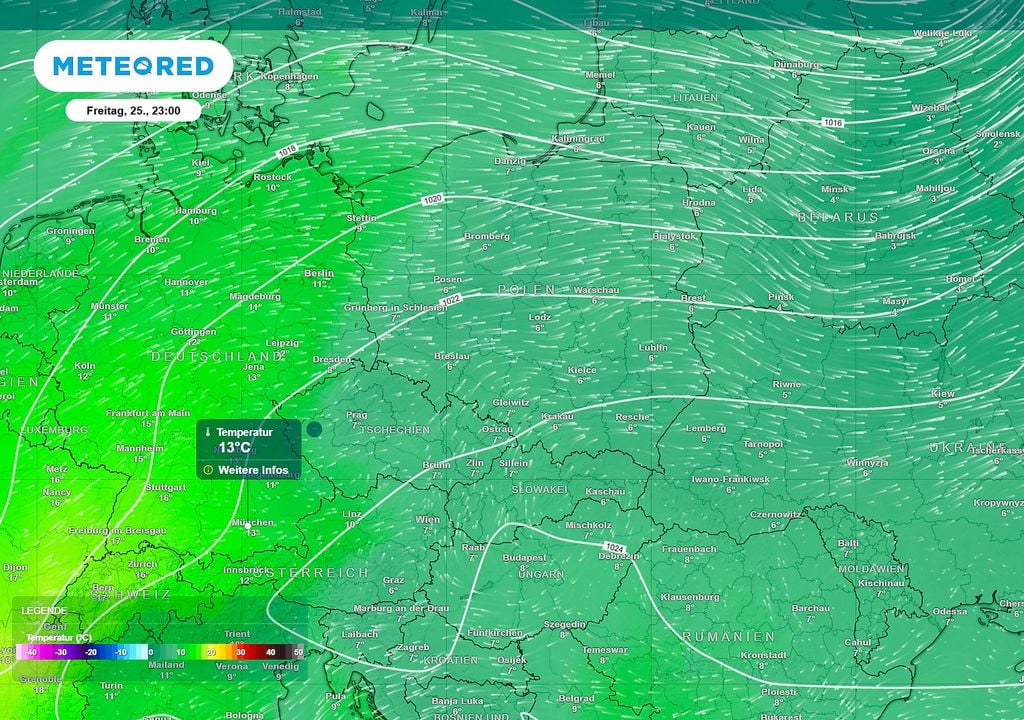Temperatur, 850 hPa, Deutschland Bild 1: Die Temperaturen in einer Höhe von etwa 1.5 km zeigen ein Indiz auf wärmeres Wetter in München.
