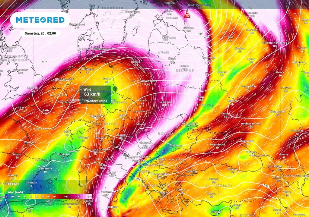 Jet Stream, Wind, 850 hPa Bild 2: Deutschland sitzt im Keil des Jets, wodurch ein Hochdruckgebiet über München sitzt. Der Wind dreht außerdem auf Südwest und bringt warme Luft.