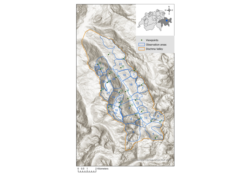 Beobachtungsgebiete und entsprechende Aussichtspunkte im Dischmatal, Kanton Graubünden, Schweiz. Die Größe der Polygone schwankte zwischen 27 ha (Nr. 23) und 280 ha (Nr. 9).