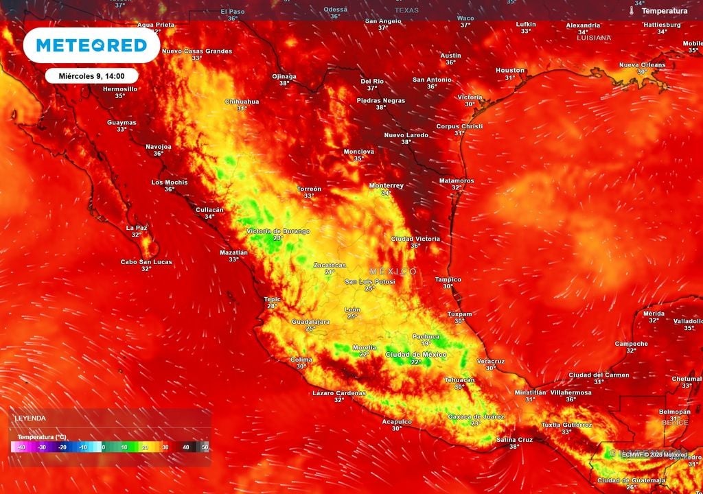 Pronóstico de temperaturas en grados Celsius Ligera disminución del calor estará en el noroeste, occidente y sur gracias a las lluvias, mientras el noreste y sureste continuarán con 35-45 °C y bochorno.