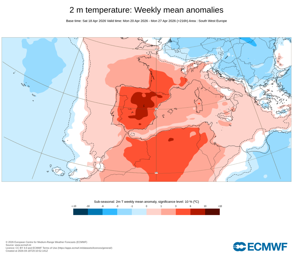 Anomalías semanales de temperatura para el periodo 20-26 de abril de 2026: cálidas y por encima de lo normal en escala de rojos y frías o por debajo de los normal en escala de azules. Existen fuertes señales en el interior peninsular. ECMWF