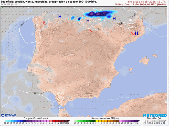 Predicción de la presión y precipitaciones, en escala de colores, previstas por el modelo ECMWF para el periodo 20-23 de abril de 2026. Tiempo.com