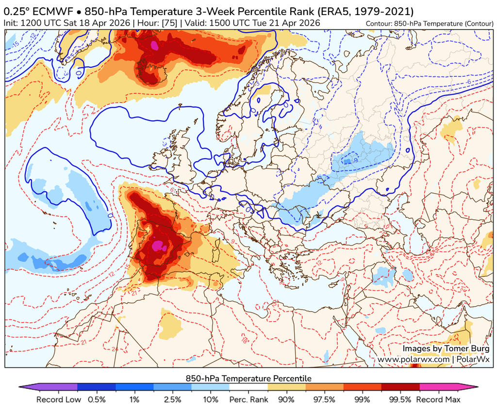 Las zonas en rojo oscuro y, sobro todo, en fucsia, muestran las zonas donde de podrían alcanzar valores muy altos de temperaturas a 1.500 m/ 850 hPa,y por ende en superficie, para el 21 de abril de 2026 a las 15 UTC. Mapas del ECMWF por Tomer Burg.