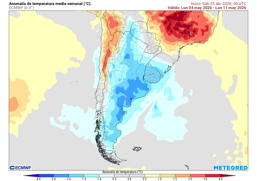 Anomalía de temperatura (°C) para la semana del 04 de mayo 2026. Sobre los valores climatológicos normales (tonos rojo), bajo los valores climatológicos normales (tonos azul) y en torno a los valores climatológicos normales (color gris).