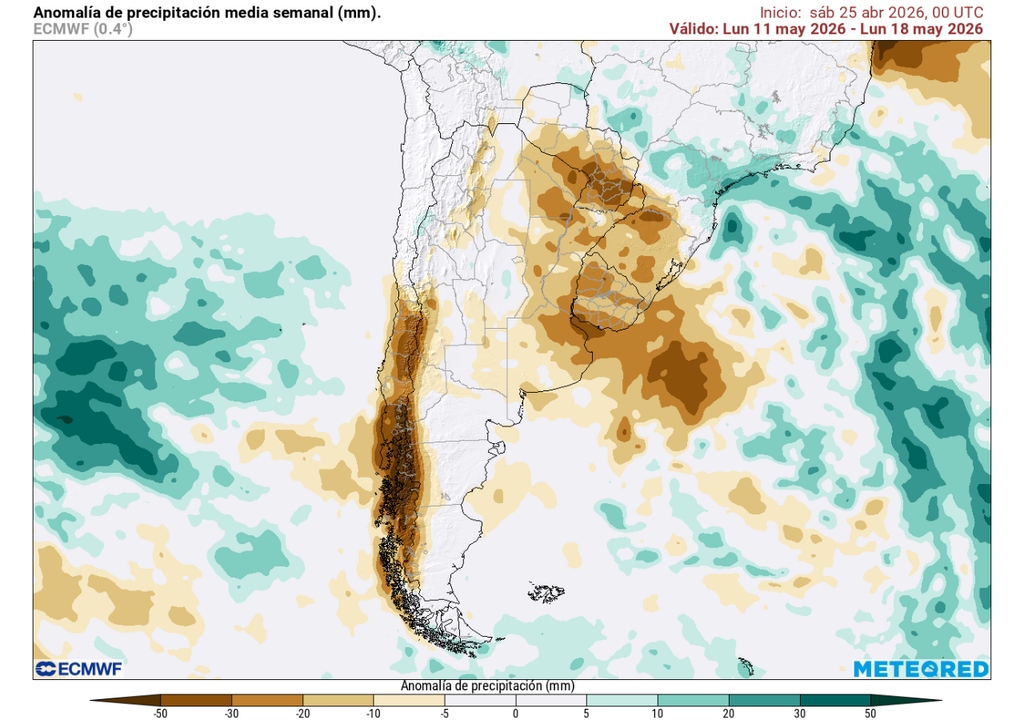 Anomalía de precipitación (mm) para la semana del 11 de mayo 2026. Sobre los valores climatológicos normales (tonos verde), bajo los valores climatológicos normales (tonos marrón) y en torno a los valores climatológicos normales (color blanco).