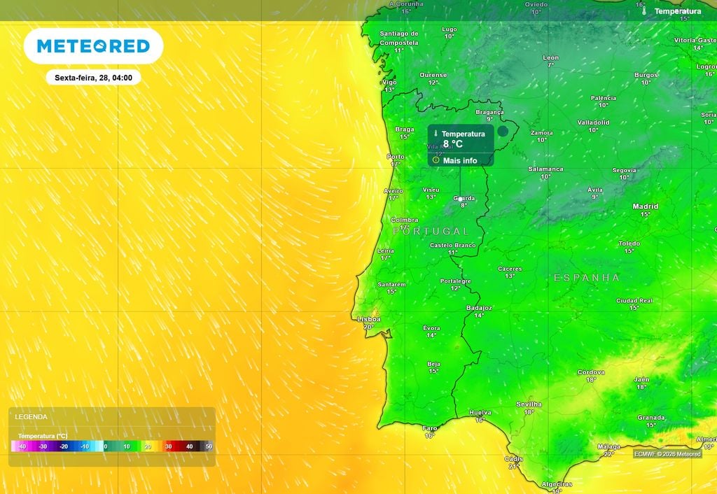 Temperatura do ar prevista às 04:00 da manhã de sexta-feira, 28 de agosto.