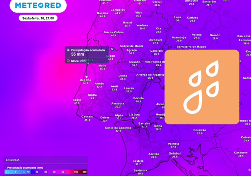 Na pr&oacute;xima quinta-feira 15 a chuva regressa ao distrito de Lisboa: at&eacute; 55 mm acumulados; eis os per&iacute;odos mais cr&iacute;ticos
