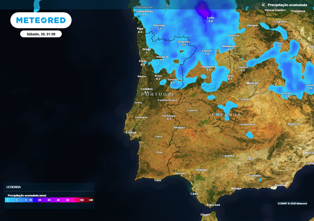 Distribuição da precipitação acumulada em Portugal continental até à 01:00 da manhã de sábado, 30 de maio.