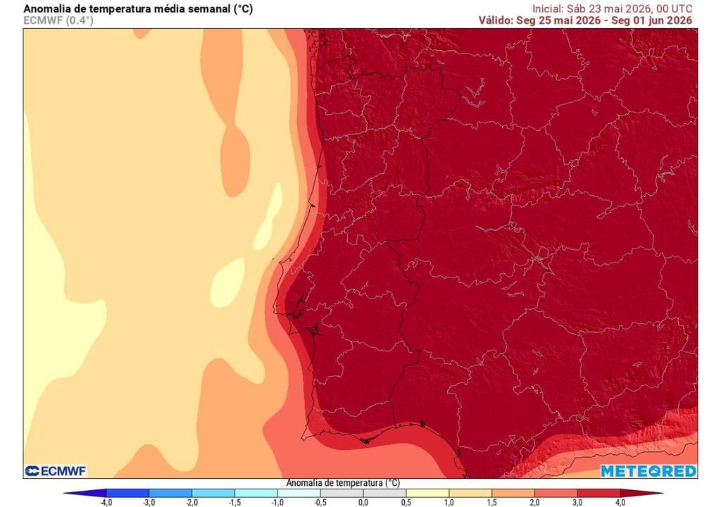 O cenário previsto pelo mapa de anomalias térmicas para a última semana de maio não deixa margem para dúvidas: em quase toda a geografia de Portugal continental as temperaturas ficarão mais de 4 ºC acima da média para um final de maio.