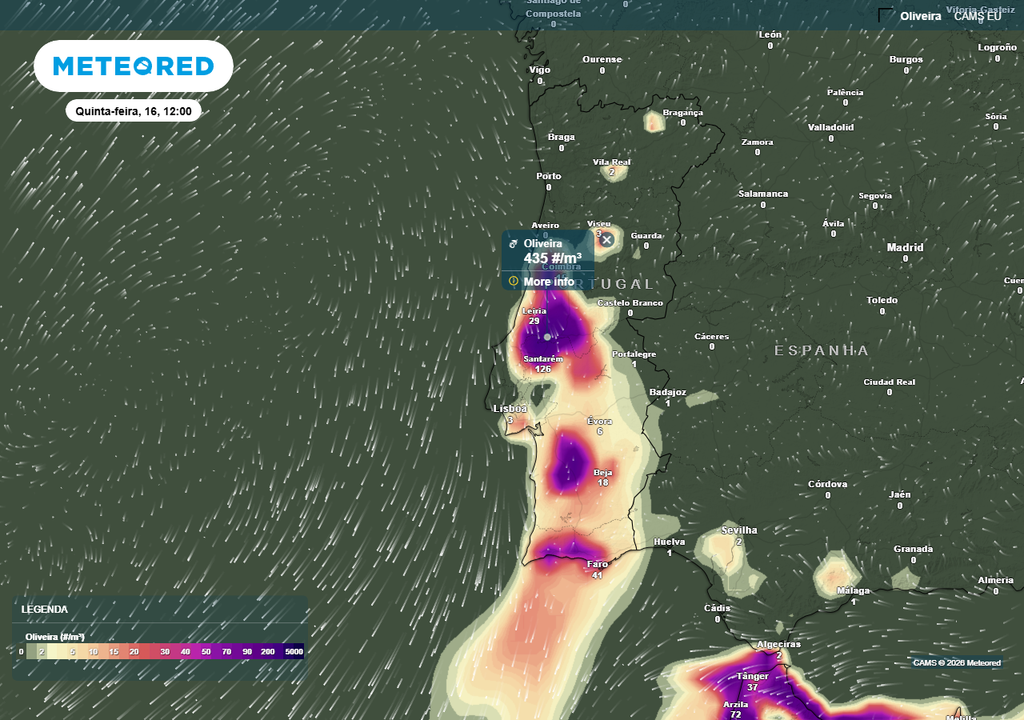 Segundo os mapas da Meteored, baseados no modelo CAMS (Copernicus Atmosphere Monitoring Service), isto fará com que, de entre todo o Centro e Sul de Portugal continental, os 5 distritos onde se prevê concentrações mais elevadas sejam: Coimbra, Leiria, Santarém, Beja e Faro.