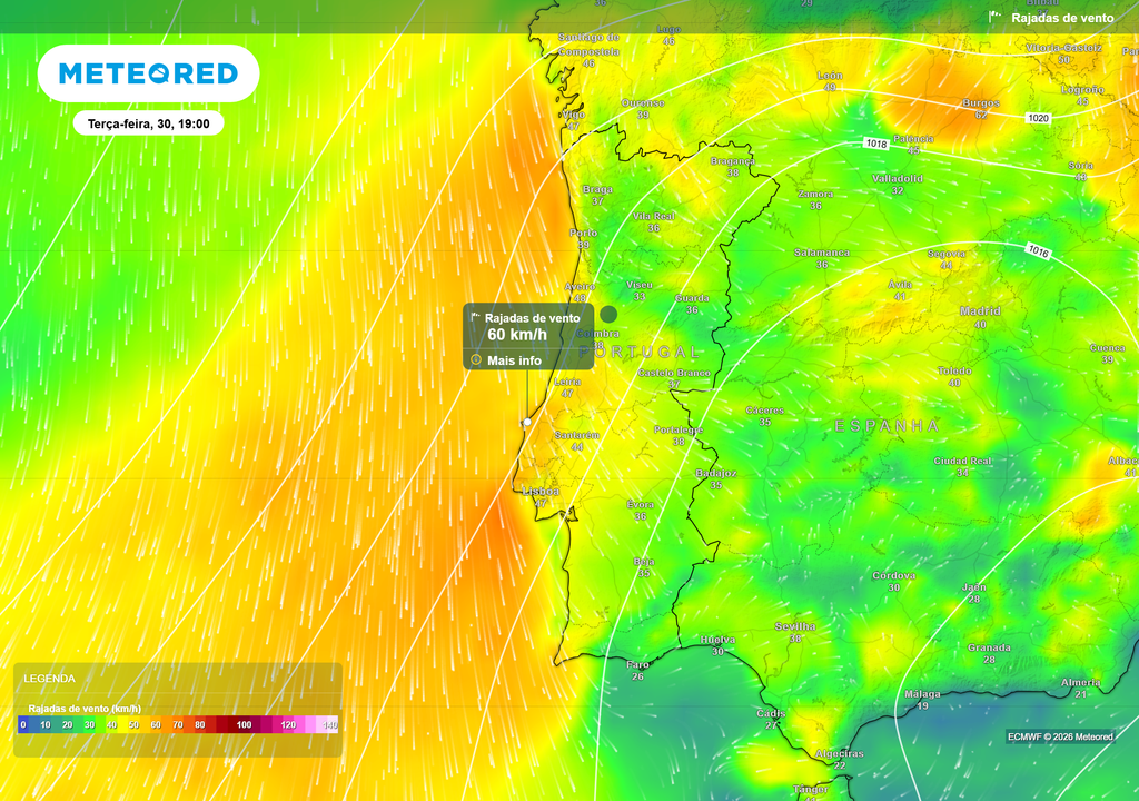 A nortada deverá intensificar-se ao longo da faixa costeira durante a tarde de terça-feira. O aumento do gradiente de pressão favorece rajadas moderadas a fortes no litoral Norte e Centro, enquanto o interior permanece mais quente.