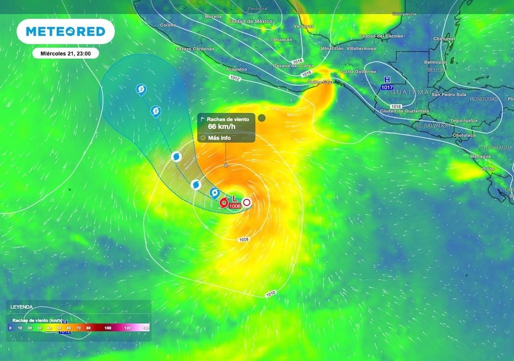 Las rachas de viento en la periferia del sistema, alcanzan valores superiores a 80 km/h Las rachas de viento en la periferia del sistema, alcanzan valores superiores a 80 km/h.