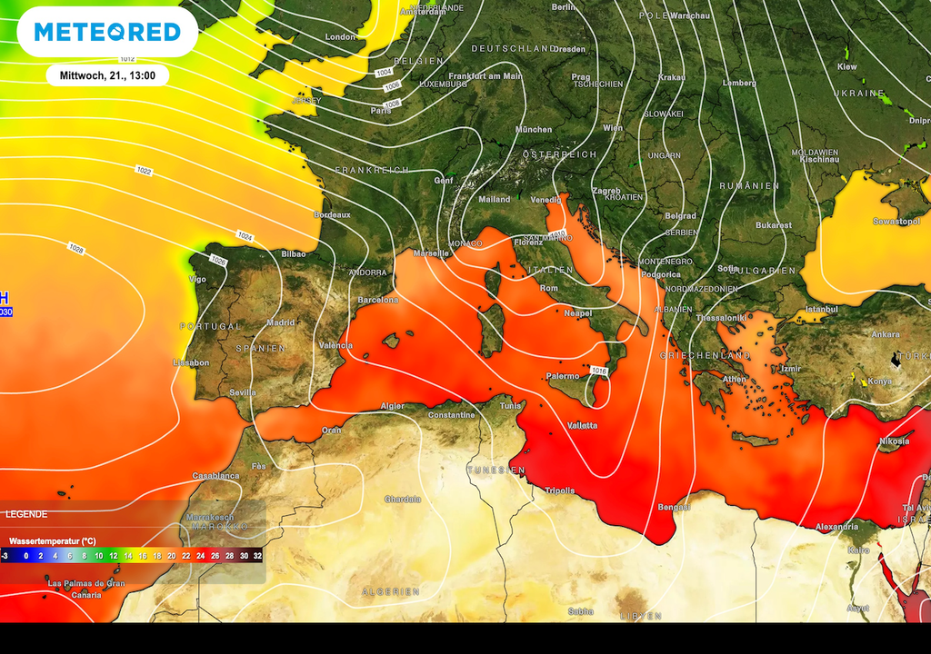 Mittelmeer, Unwetter, 20 Grad, warmes Wasser, Feuchtenachschub Das Mittelmeer heizt die Unwetter an: Über 20 Grad warmes Wasser liefert Feuchtenachschub – wo trifft die nächste Regenwucht auf Land?