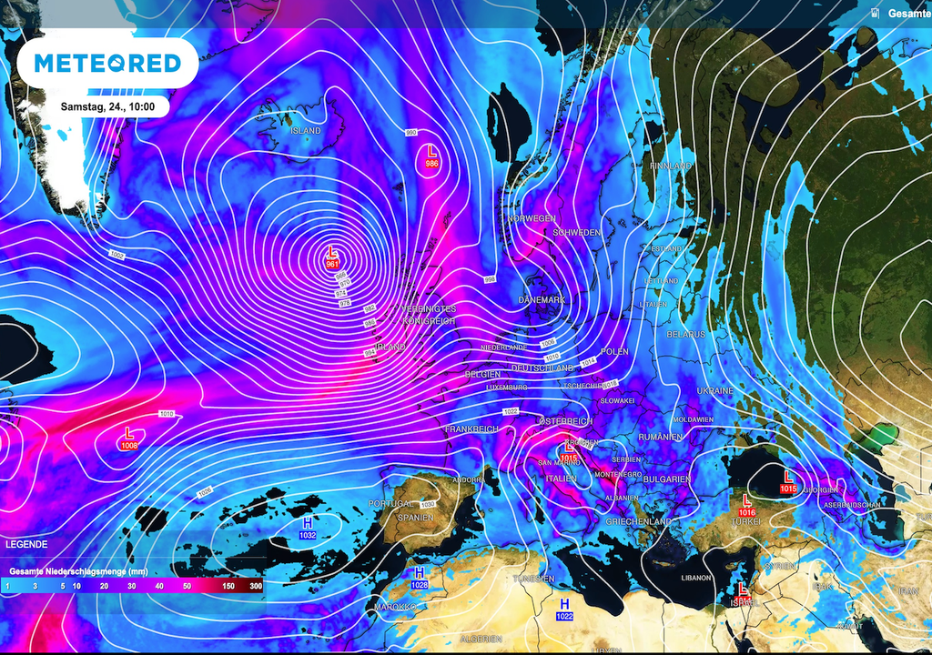 Regenladung, Samstag, Niederschläge Die nächste Regenladung rollt an: Bis Samstag zeigt das ECMWF Wettermodell kräftige, zum Teil unwetterartige Niederschläge.