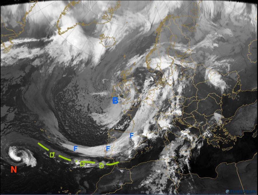 Imagen IR del 26 de septiembre a las 00 UTC Imagen IR del 26 de septiembre a las 00 UTC, con los nombres indicados en el texto: N, F, B y D; además de la zona de deformación en verde y línea discontinua con puntos.