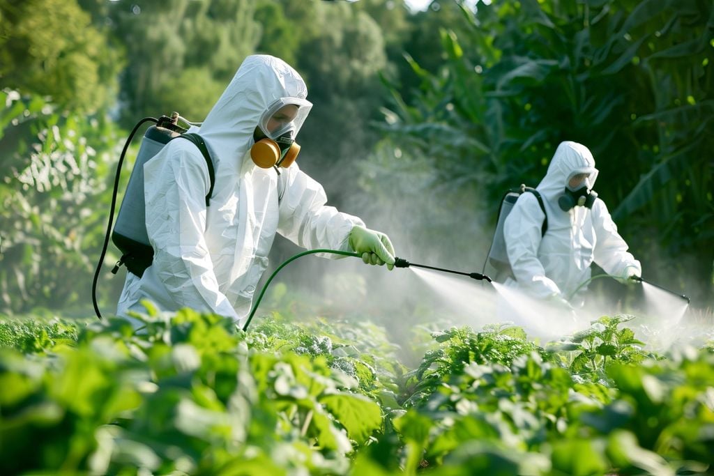 Aplicação de pesticidas na lavoura, prática comum para controle de pragas e doenças, com impacto direto na produtividade e no ambiente.