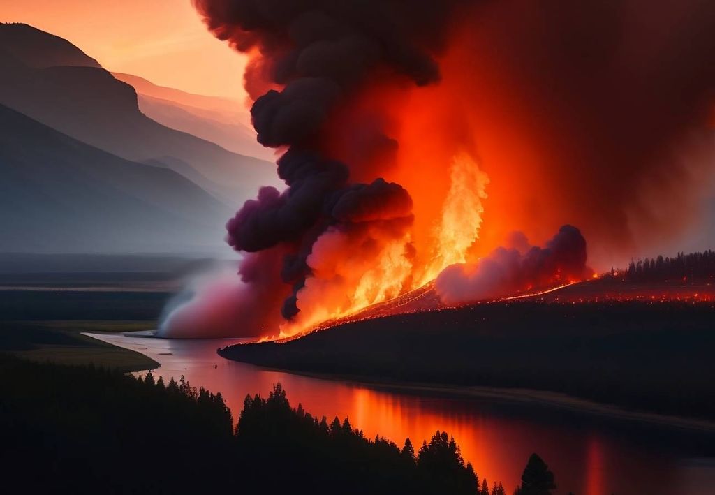 humo y fuego cercanos a un río, valle