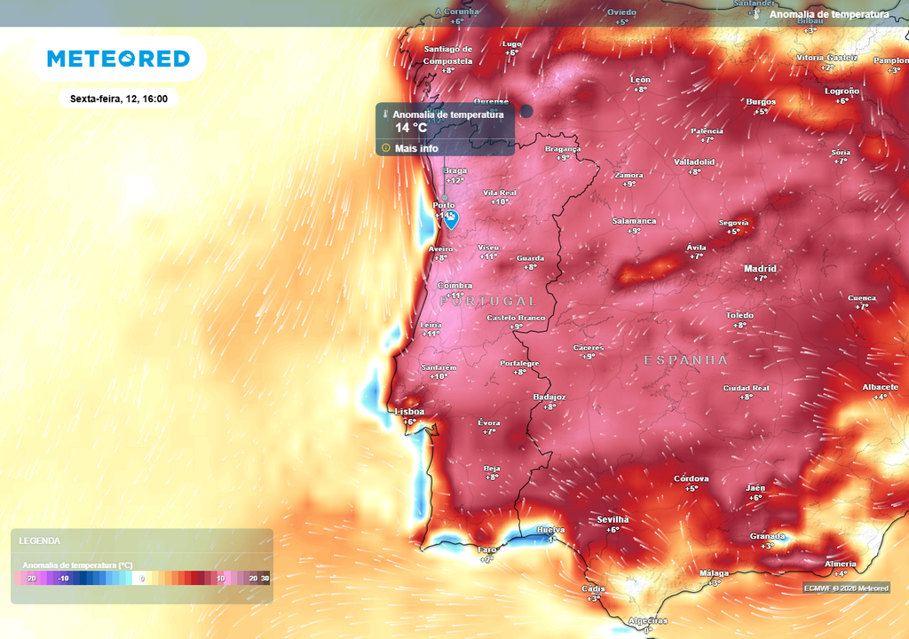 Para a sexta-feira, 12 de junho, a última saída do modelo Europeu revela um cenário de calor excessivo, com possibilidade de se registarem temperaturas entre 6 a 14 ºC acima da média em todo o território de Portugal continental. Mas atenção, estando a 5 dias de distância, esta previsão ainda pode vir a sofrer modificações.