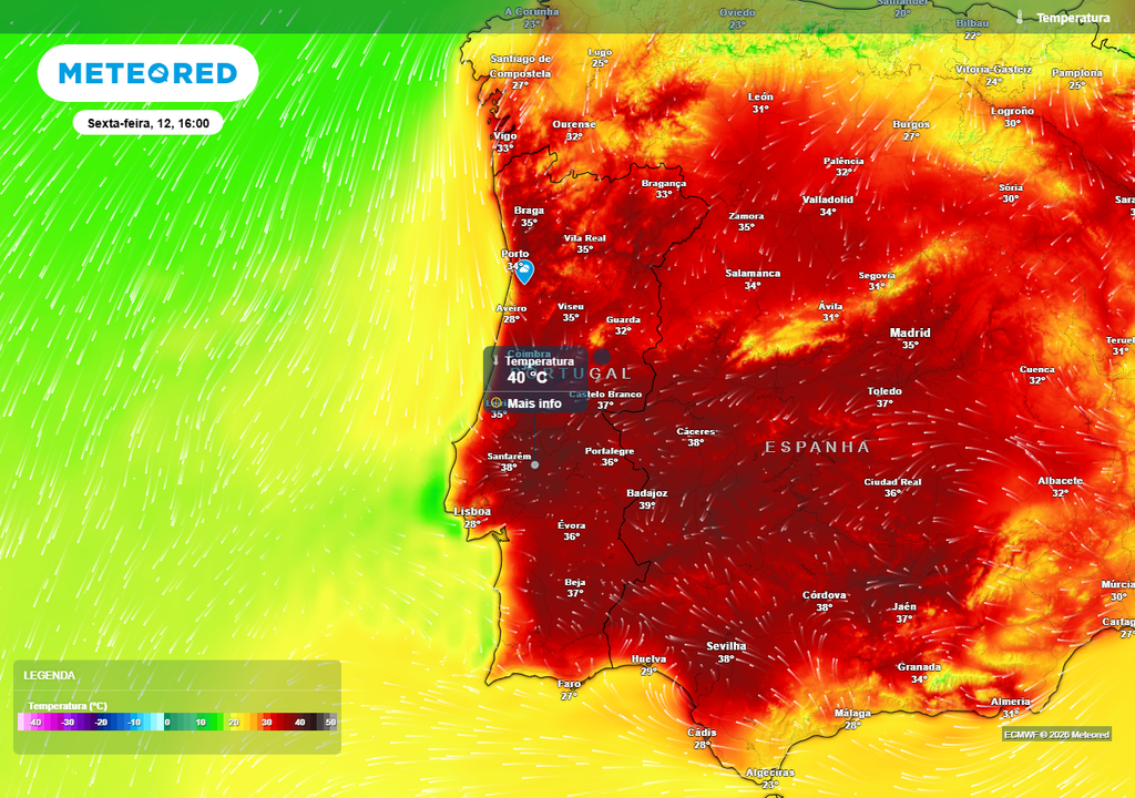 Segundo a mais recente atualização do modelo de referência para a Meteored, sexta-feira 12 de junho poderá ser o dia mais quente da segunda semana do presente mês, tanto em intensidade, como em área geográfica abrangida.