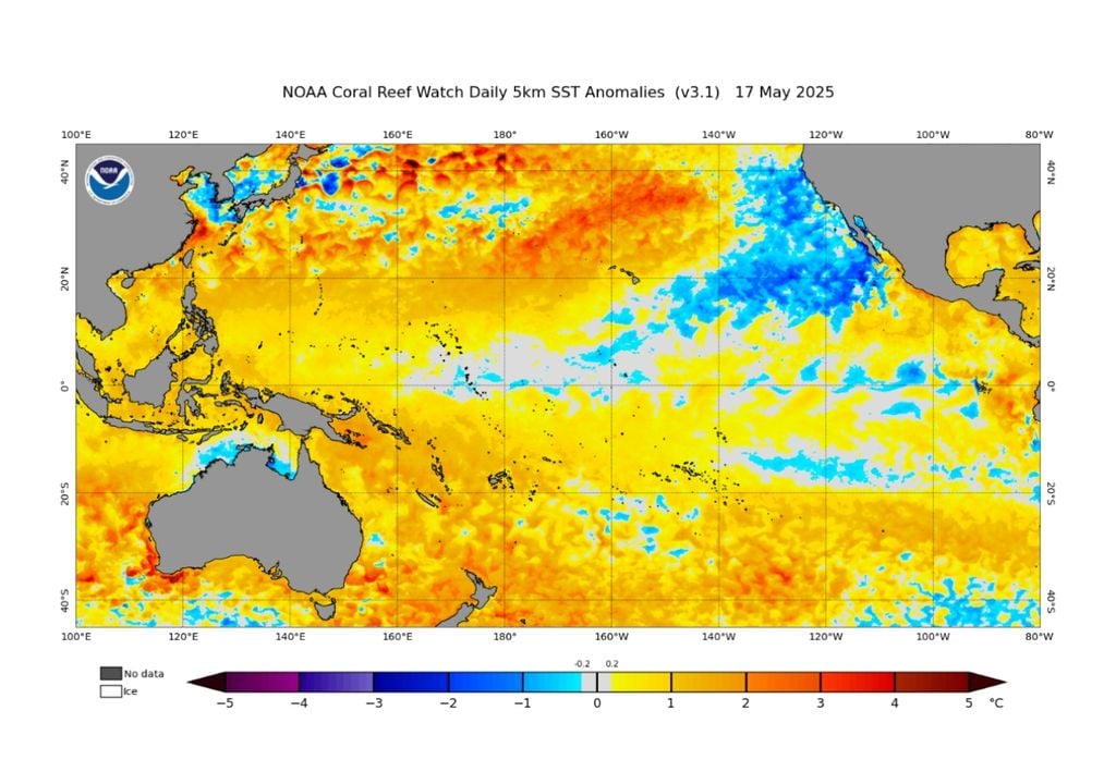 Anomalia de temperatura da superfície do mar registrada no último sábado (17), indicando neutralidade no Oceano Pacífico equatorial. Créditos: NOAA. Anomalia de temperatura da superfície do mar registrada no último sábado (17), indicando neutralidade no Oceano Pacífico equatorial. Créditos: NOAA.