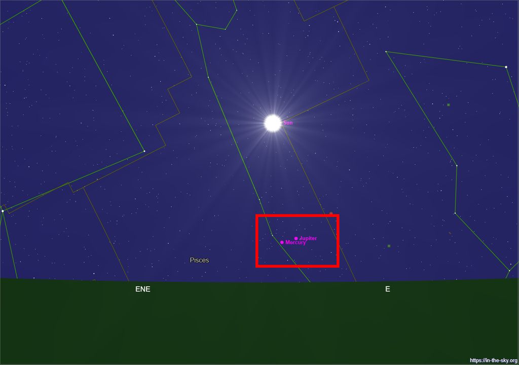 Mapa da conjunção Mercúrio - Jupiter dia 28 de março de 2023 às 7h. Mapa da conjunção Mercúrio - Jupiter dia 28 de março de 2023 às 7h.