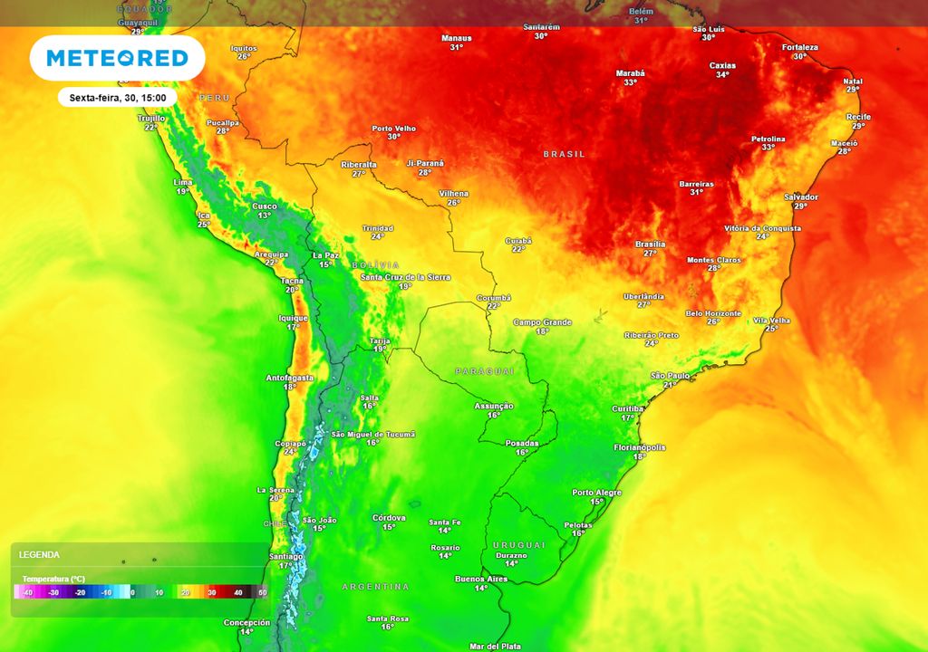 Previsão de temperaturas máximas na sexta-feira.