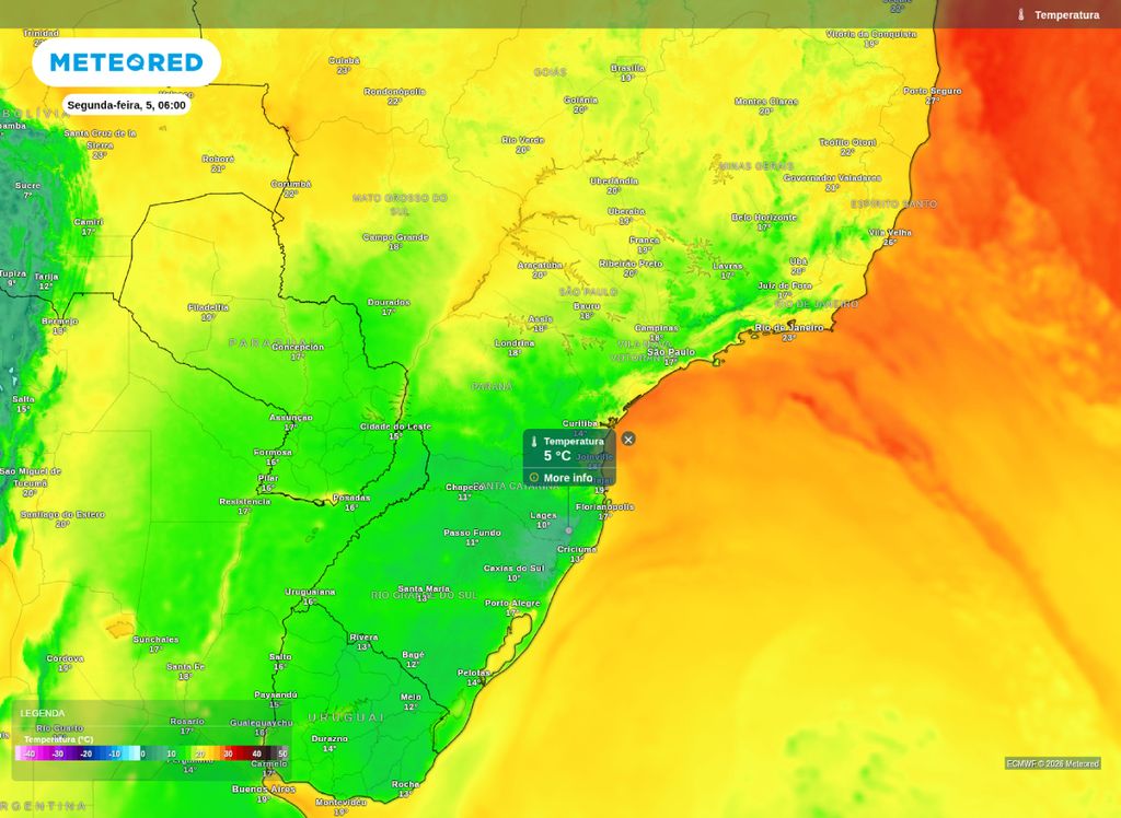Temperatura prevista para o Centro-Sul do Brasil na manhã desta segunda-feira (5). Temperatura prevista para o Centro-Sul do Brasil na manhã desta segunda-feira (5).