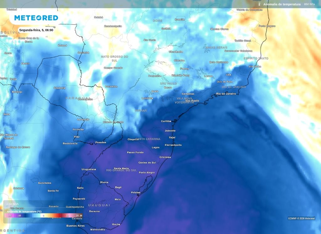 Anomalia de temperatura em 850 hPa prevista para o Centro-Sul do Brasil na manhã desta segunda-feira (5). Anomalia de temperatura em 850 hPa prevista para o Centro-Sul do Brasil na manhã desta segunda-feira (5).