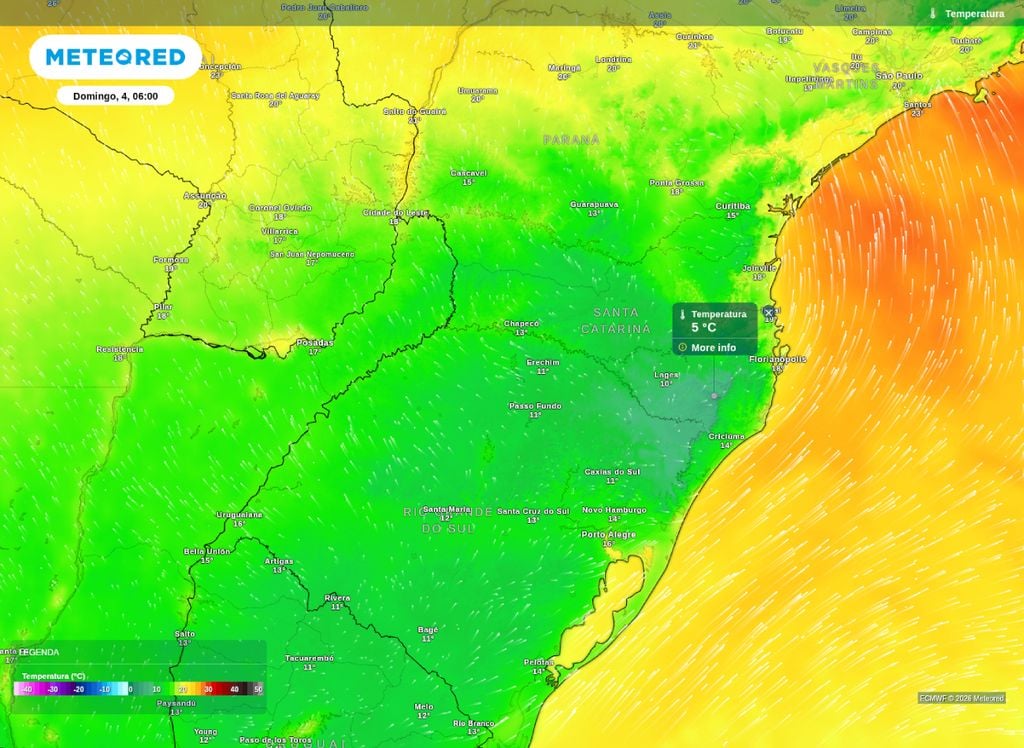 Temperatura prevista para a Região Sul do Brasil na manhã deste domingo (4). Temperatura prevista para a Região Sul do Brasil na manhã deste domingo (4).