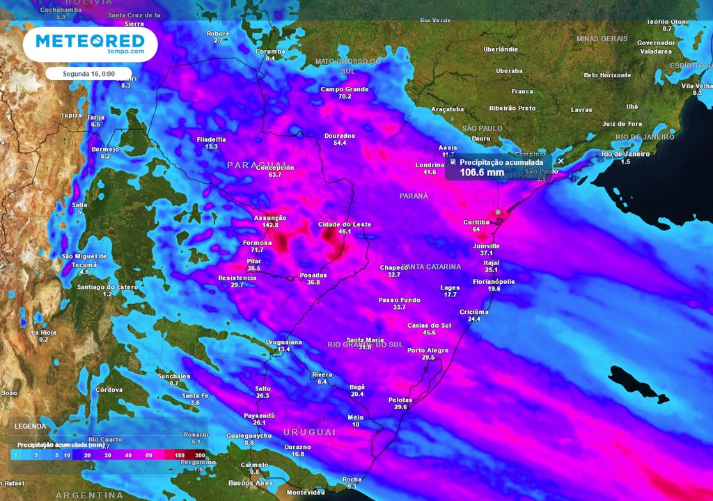 Previsão de acumulados totais de chuva até o final do Domingo.