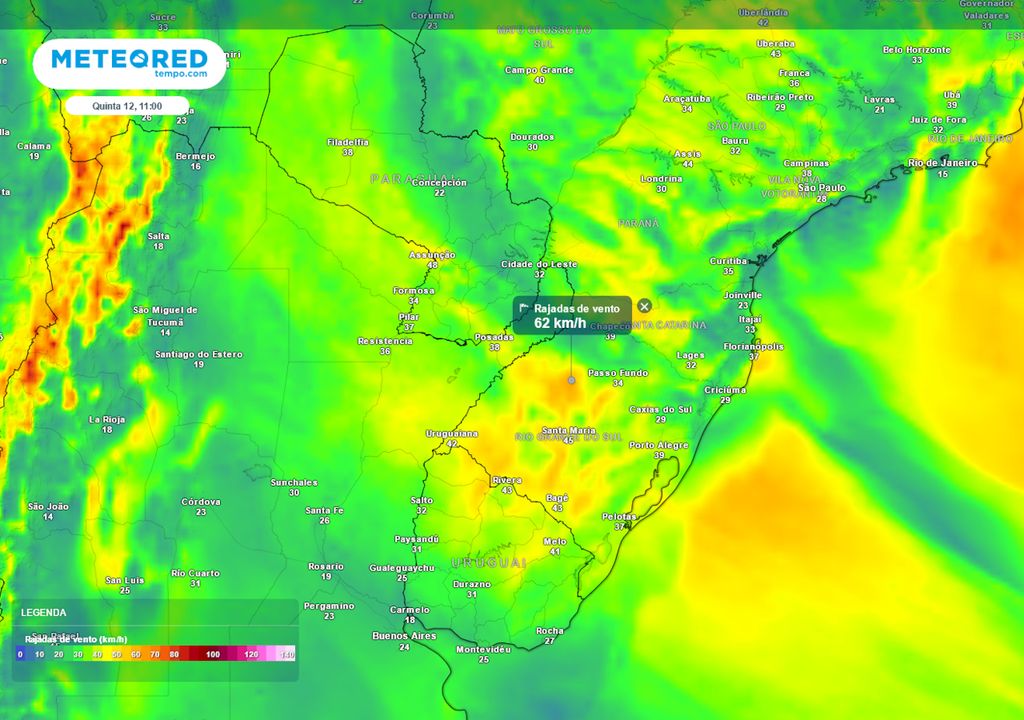 Previsão de rajadas de vento na Quinta-Feira de manhã.