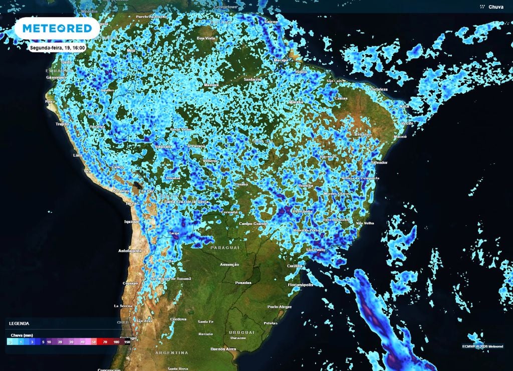 Previsão de chuva para a tarde da segunda-feira, 19 de janeiro.