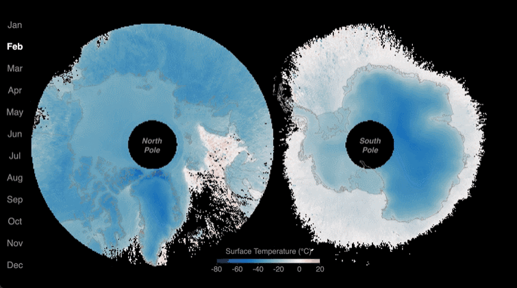 Las temperaturas superficiales en los polos de la Tierra varían con las estaciones, como se puede apreciar en esta animación basada en dos años de datos recopilados por la misión PREFIRE (Polar Radiant Energy in the Far-InfraRed Experiment) de la NASA. NASA/Chad Greene