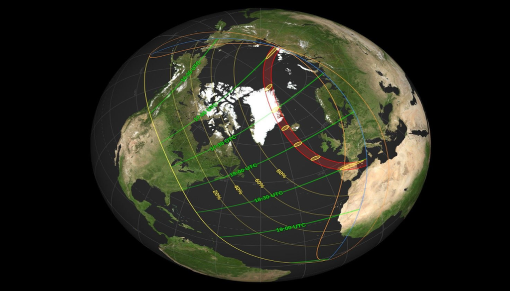 Un mapa muestra dónde será visible un eclipse solar el 12 de agosto de 2026. La franja roja que atraviesa Groenlandia, Islandia y España indica dónde se podrá observar un eclipse solar total. Las curvas amarillas en el mapa muestran dónde será visible un eclipse parcial, y los porcentajes indican la superficie máxima del Sol cubierta por la Luna durante el eclipse a lo largo de esas líneas. Más información sobre el mapa. Estudio de Visualización Científica de la NASA