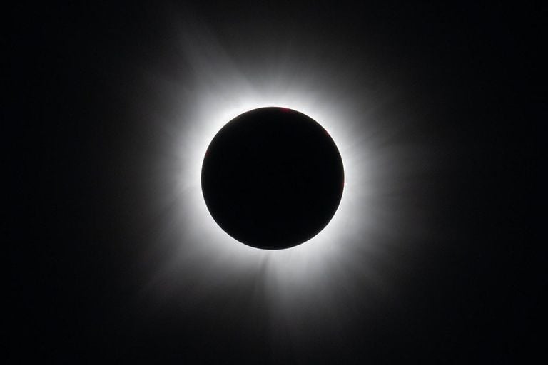 Sobre un fondo negro, el eclipse solar total. Es un círculo negro rodeado de tenues haces de luz blanca que se extienden desde el círculo negro en todas direcciones. El lunes 8 de abril de 2024 se pudo observar un eclipse solar total en Dallas, Texas. NASA/Keegan Barber