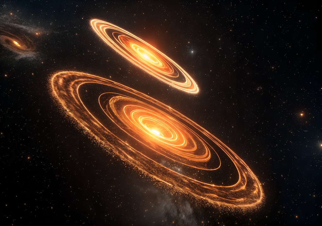 Künstlerische Darstellung, protoplanetaren Scheibensystems, Staubringe, Gasringen, jungen Stern, Planeten, RAS 23077+6707 Künstlerische Darstellung, protoplanetaren Scheibensystems, Staubringe, Gasringen, jungen Stern, Planeten, RAS 23077+6707