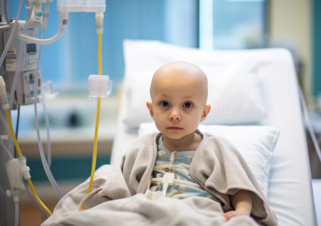 Niño con cáncer en camilla junto a máquina con medicamentos